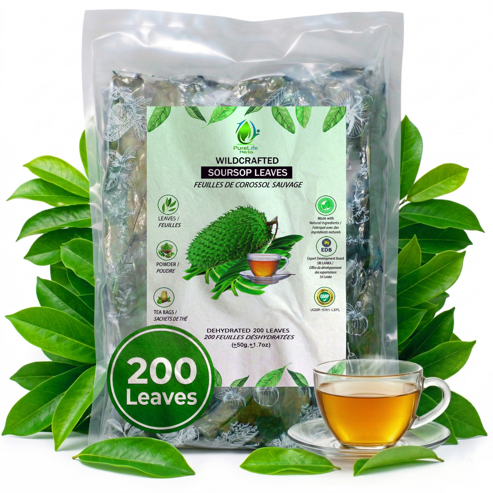 Purelife Herbs® Soursop Leaves Tea, 200 Whole Dried Leaves, Wildcrafted Graviola