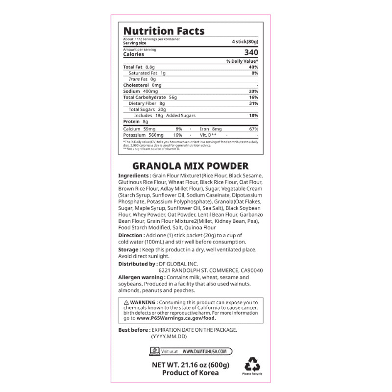 Damtuh Multi Grain Granola Mix Powder – Nutritious Grain Drink, 30 Sticks
