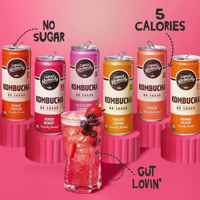 Liquid Remedy Kombucha Sugar Free Organic Drink, Low Calorie, 8.5 Fl Oz Can
