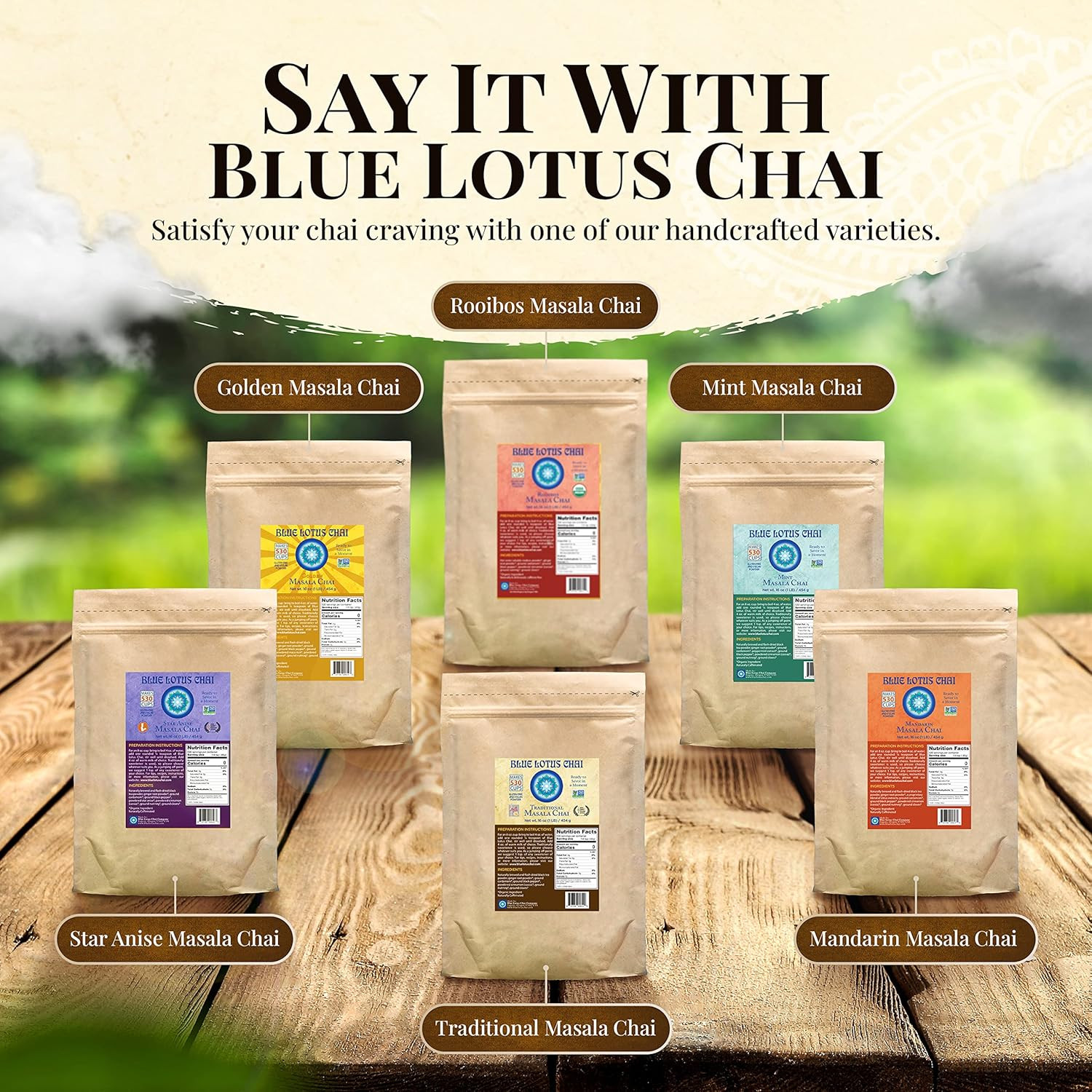 Blue Lotus Masala Chai – 1 lb Instant Tea Mix – 530 Cups – Organic Spices