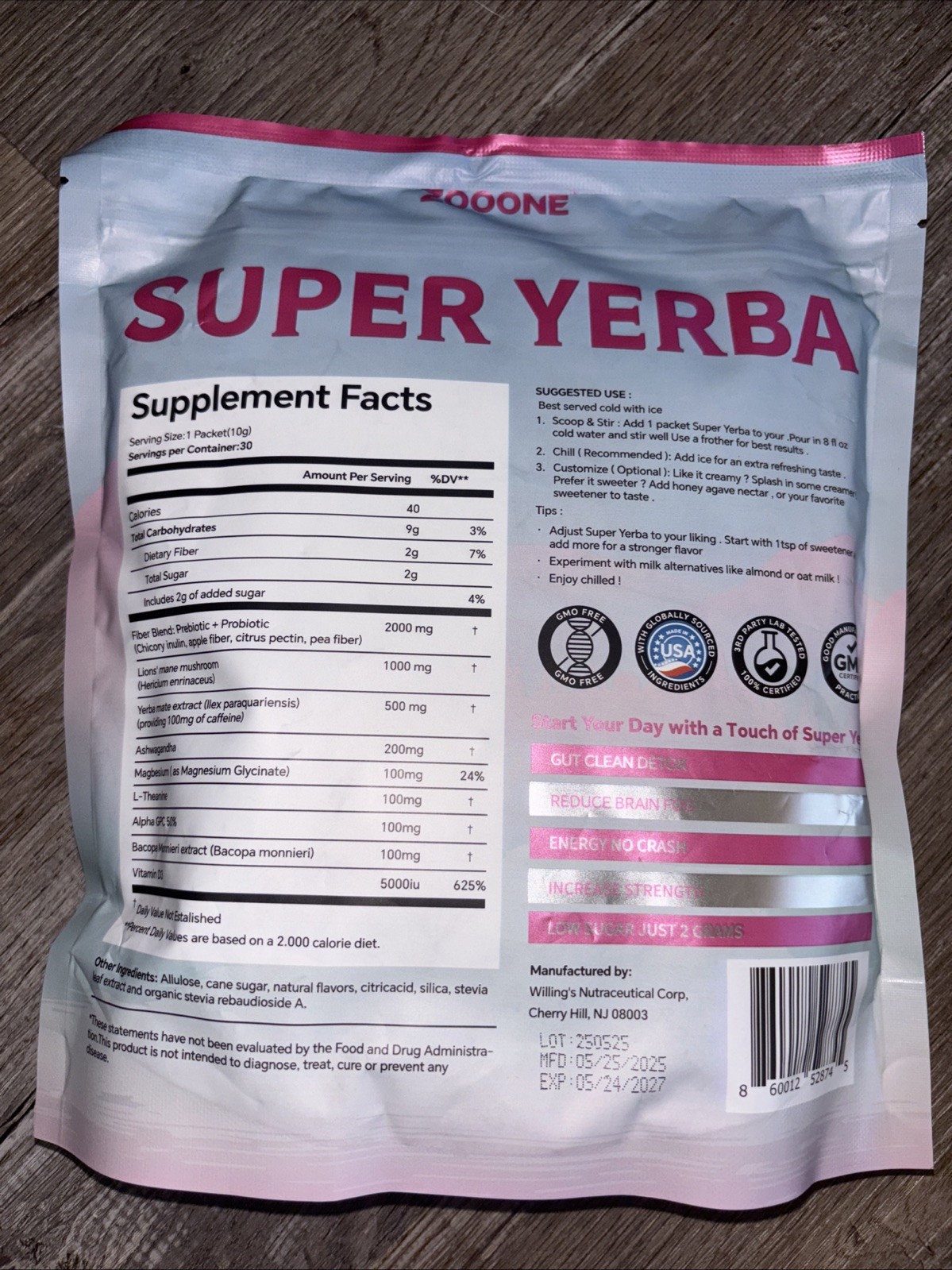 Zooone Super Yerba 30 Packets Ashwagandha Magnesium Vitamin D3 Supplement