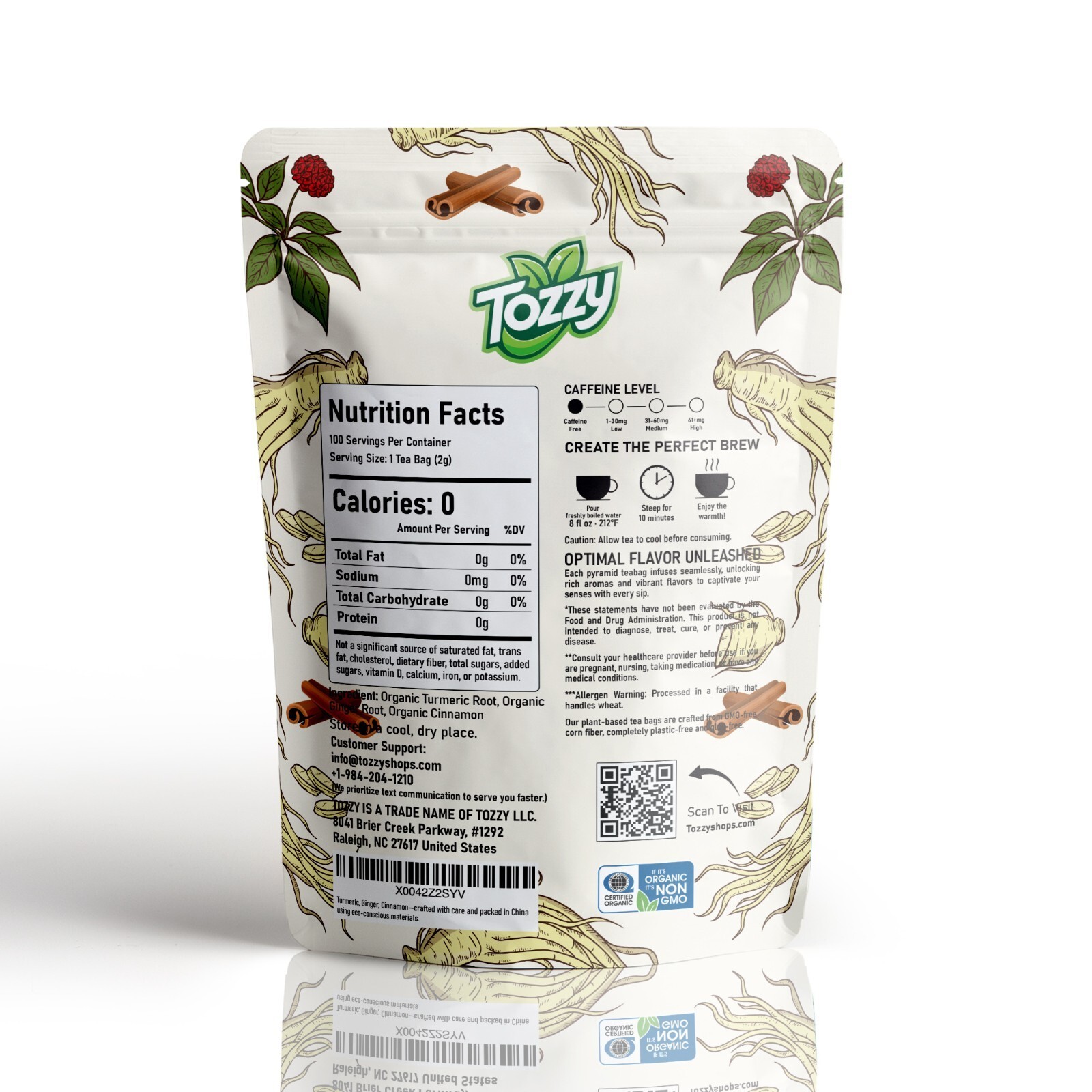 Tozzy Organic Turmeric, Ginger & Cinnamon 100 Tea Bags Plant-Based Pyramid Bags