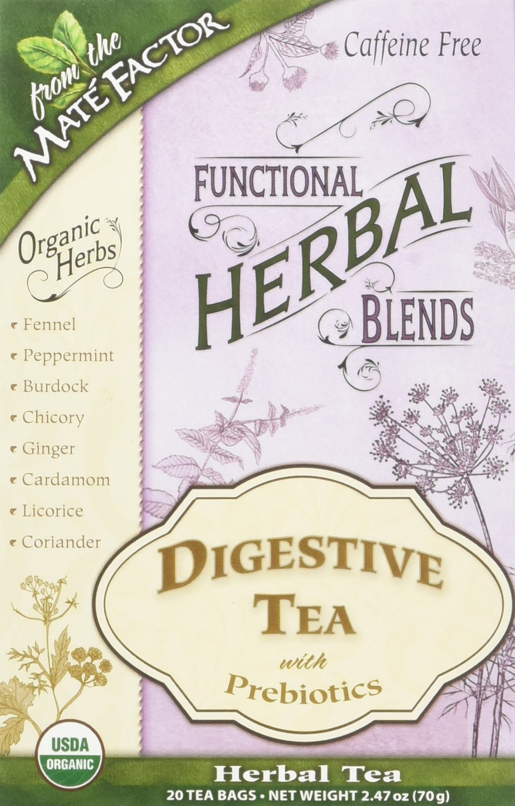 Mate Factor Digestive Tea with Prebiotics Organic Caffeine Free 20 Bags