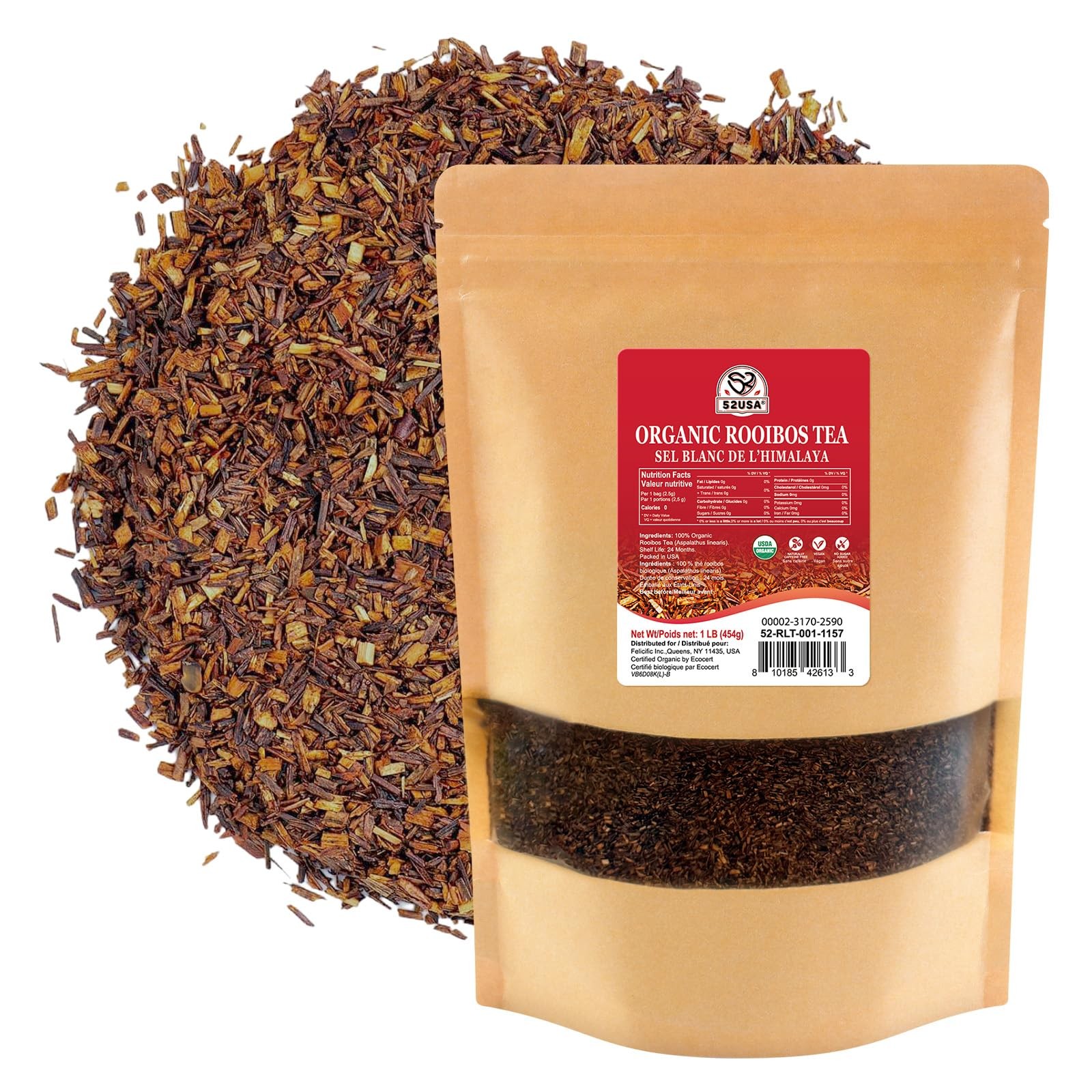 52USA Organic Rooibos Tea, 1 LB, Red Loose Leaf Naturally 16 oz