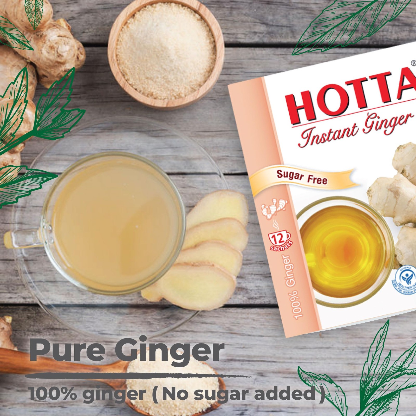 Instant 100% Ginger Drink Powder, No Sugar, Bold & Spicy, Caffeine-Free Herbal T