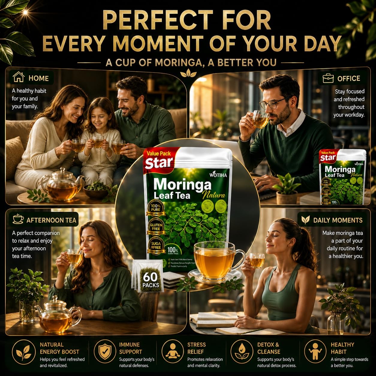 Moringa Tea Herbal Bags, 60 Count,100% Pure & Natural Moringa Leaves, Cultiva…