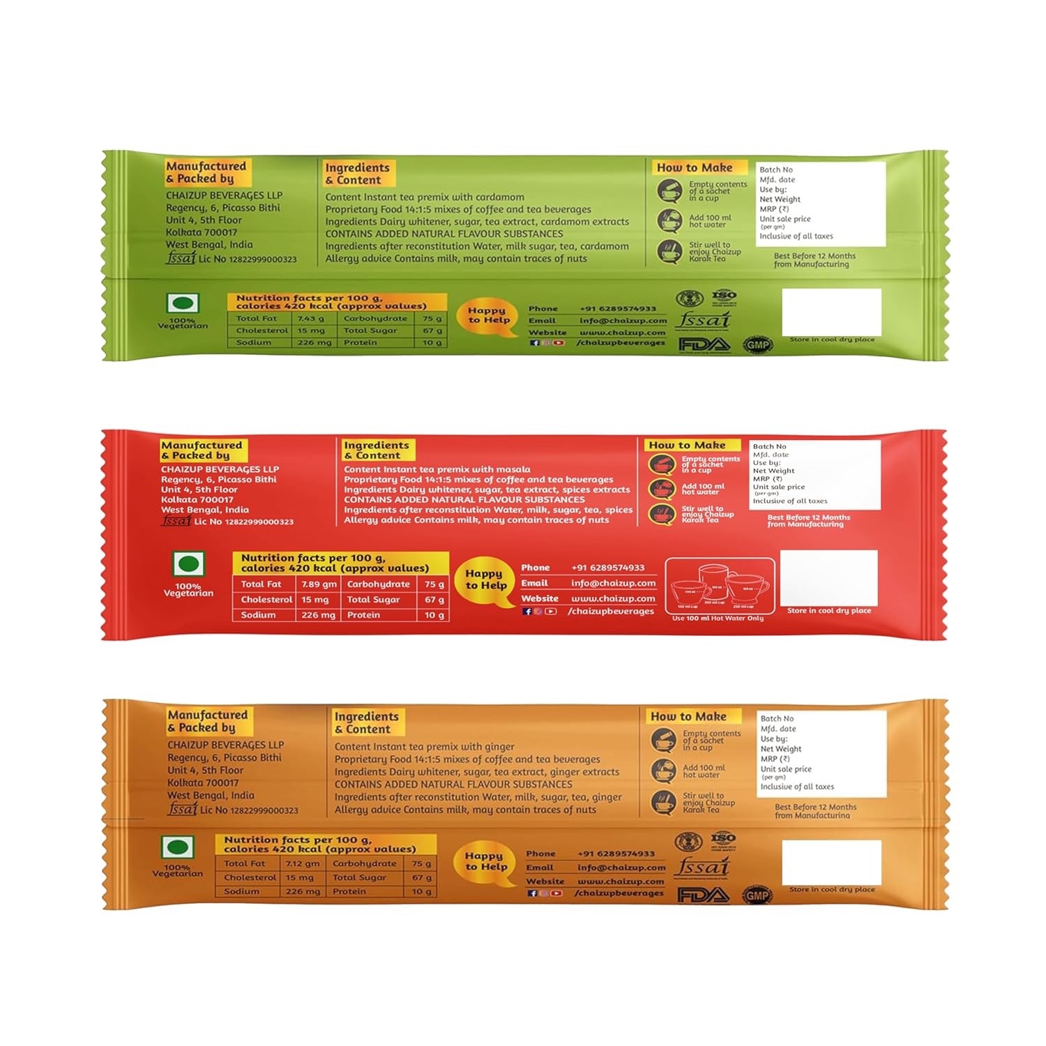 1 Minute Instant Assorted Tea Pack 30 Servings Sachets Masala, Cardamom, Ginger