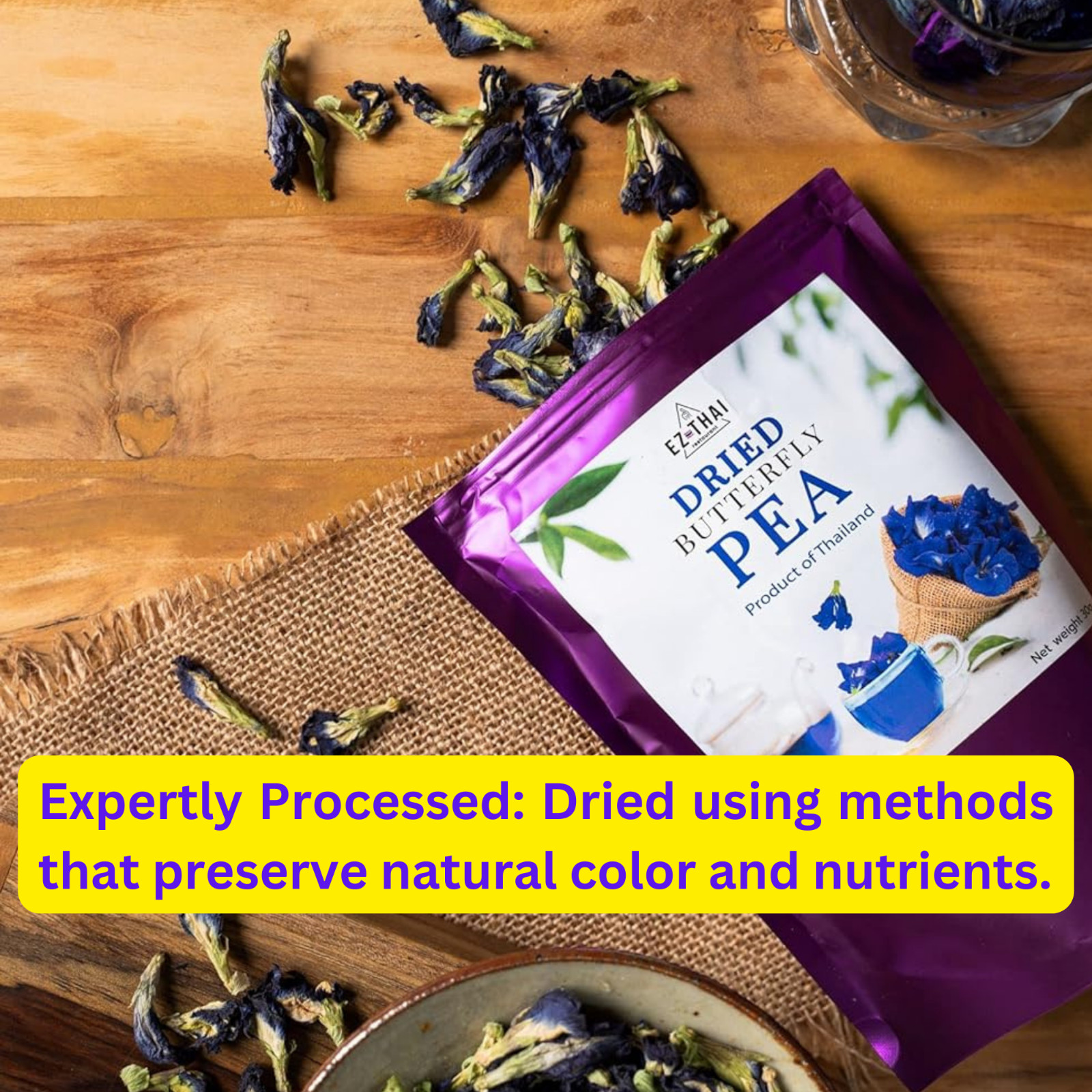1oz Natural Dried Butterfly Pea Flower Tea Thai Herbal Hot Tea Mix, Iced Teas