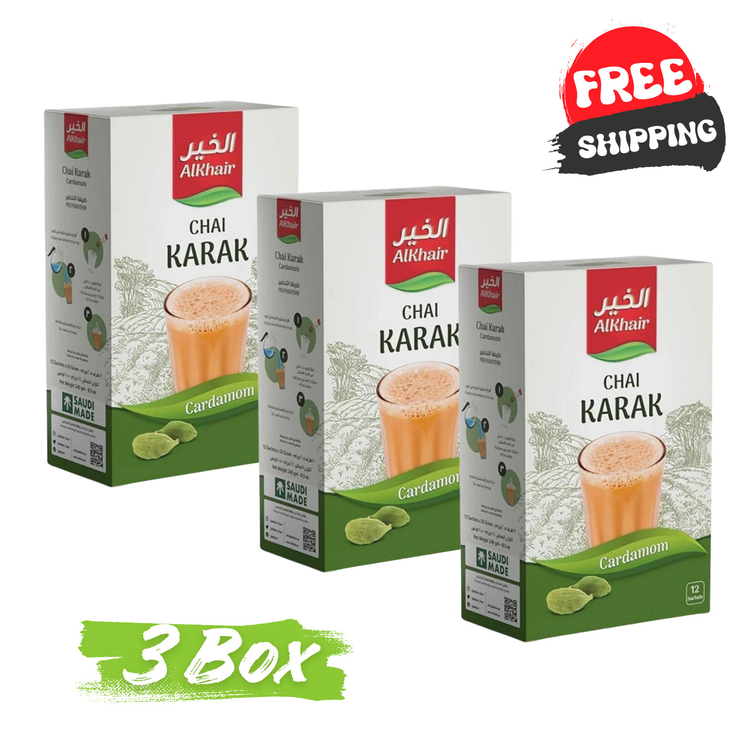 3x AlKhair Chai Karak Sugar Free Instant Tea 12 Sachets Cardamom Milk Tea Halal