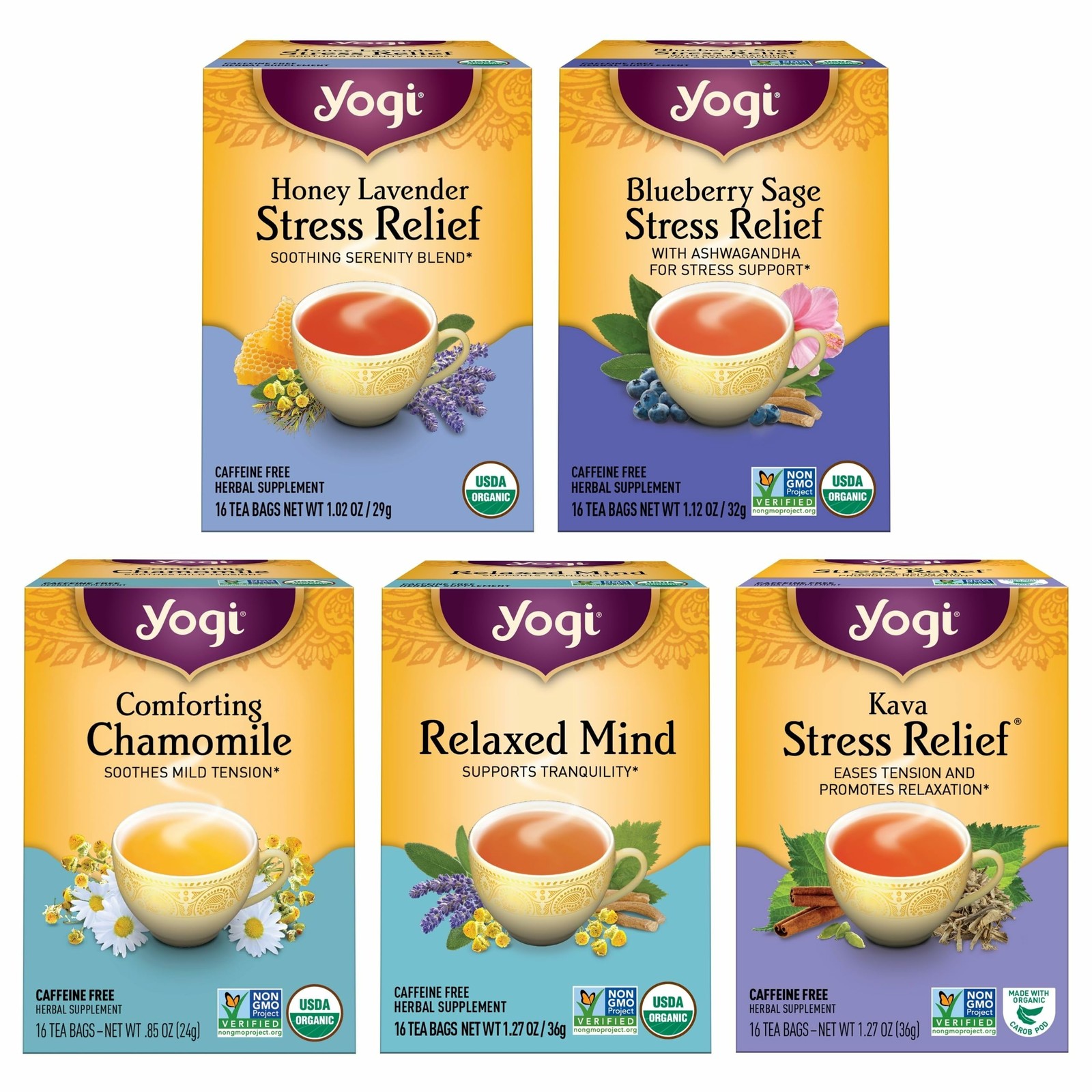 Yogi Tea Stress Relief & Relaxation Variety Sampler – 16 16 Count (Pack of 5)