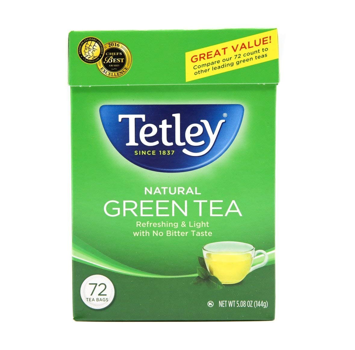 Tetley Natural GREEN Tea CAFFINATED 72 Bags (Light No Bitter Taste) – 1 Box