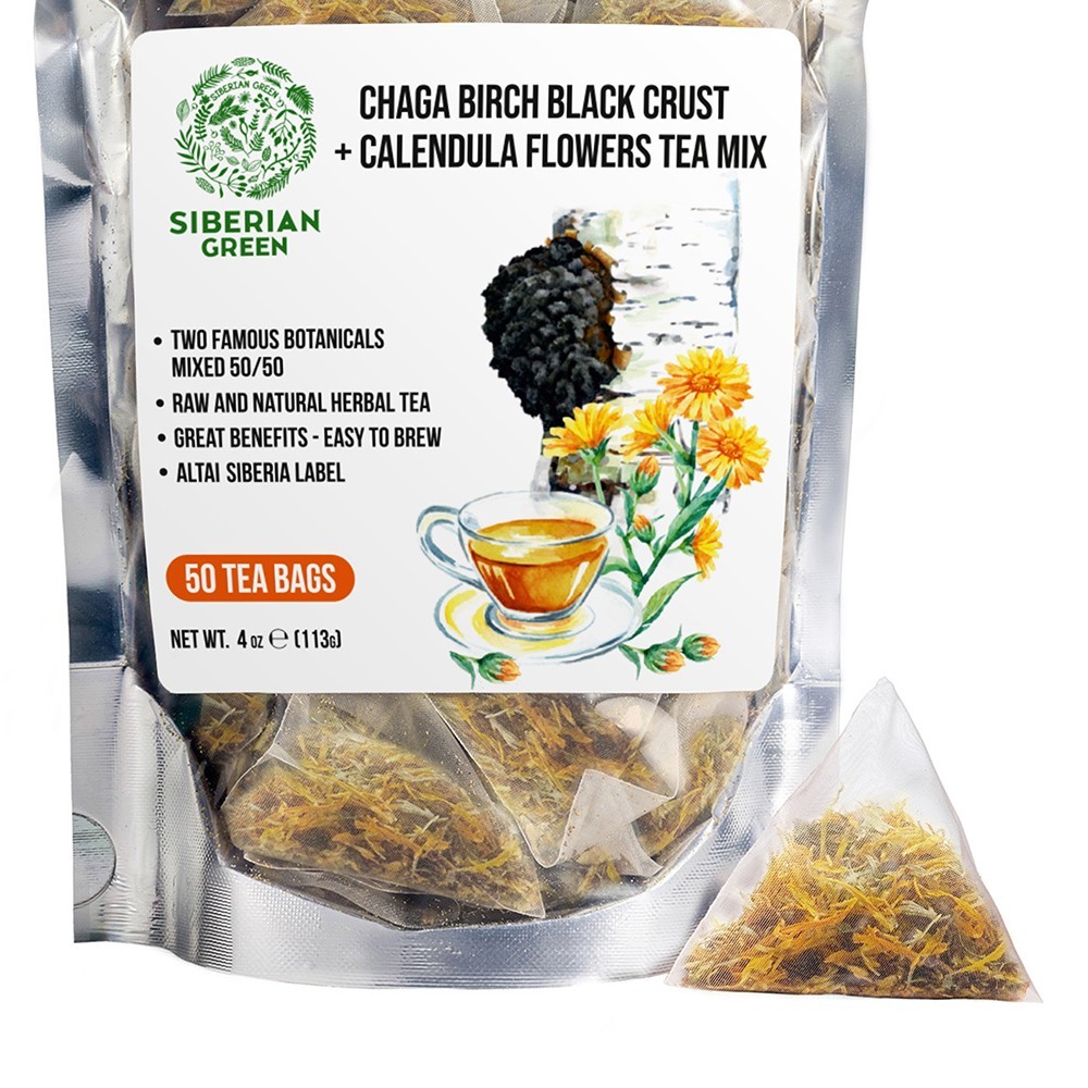 Chaga and Calendula Herbal Tea Caffeine Free Mushroom and Flower Tea 50 Bags