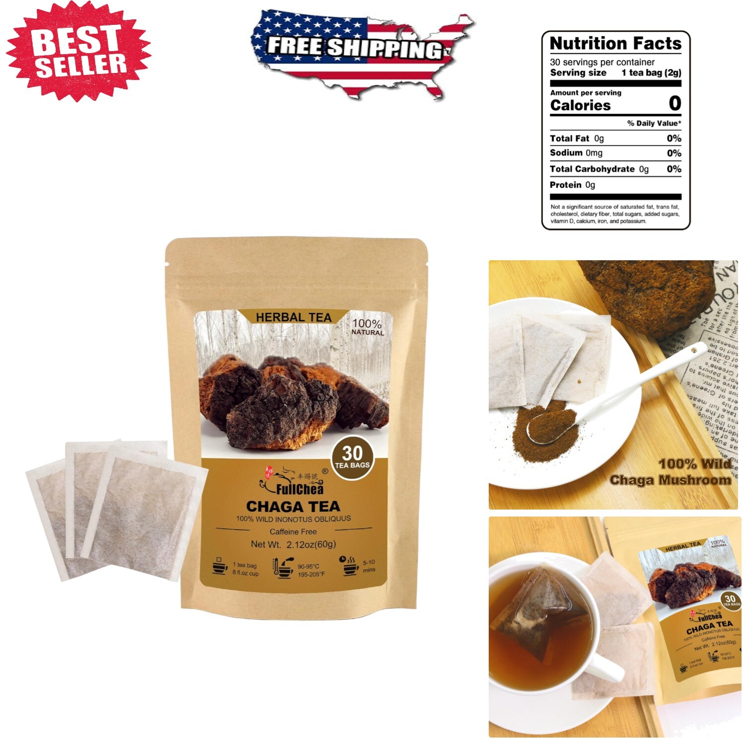 30 Bags of Caffeine-Free Chaga Tea – Support Immunity & Digestion Naturally