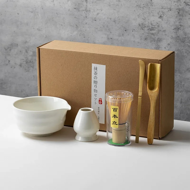 4PCS Matcha Set Bamboo Whisk Teaspoon Ceramic Bowl Tranditional Tea Sets Home Te