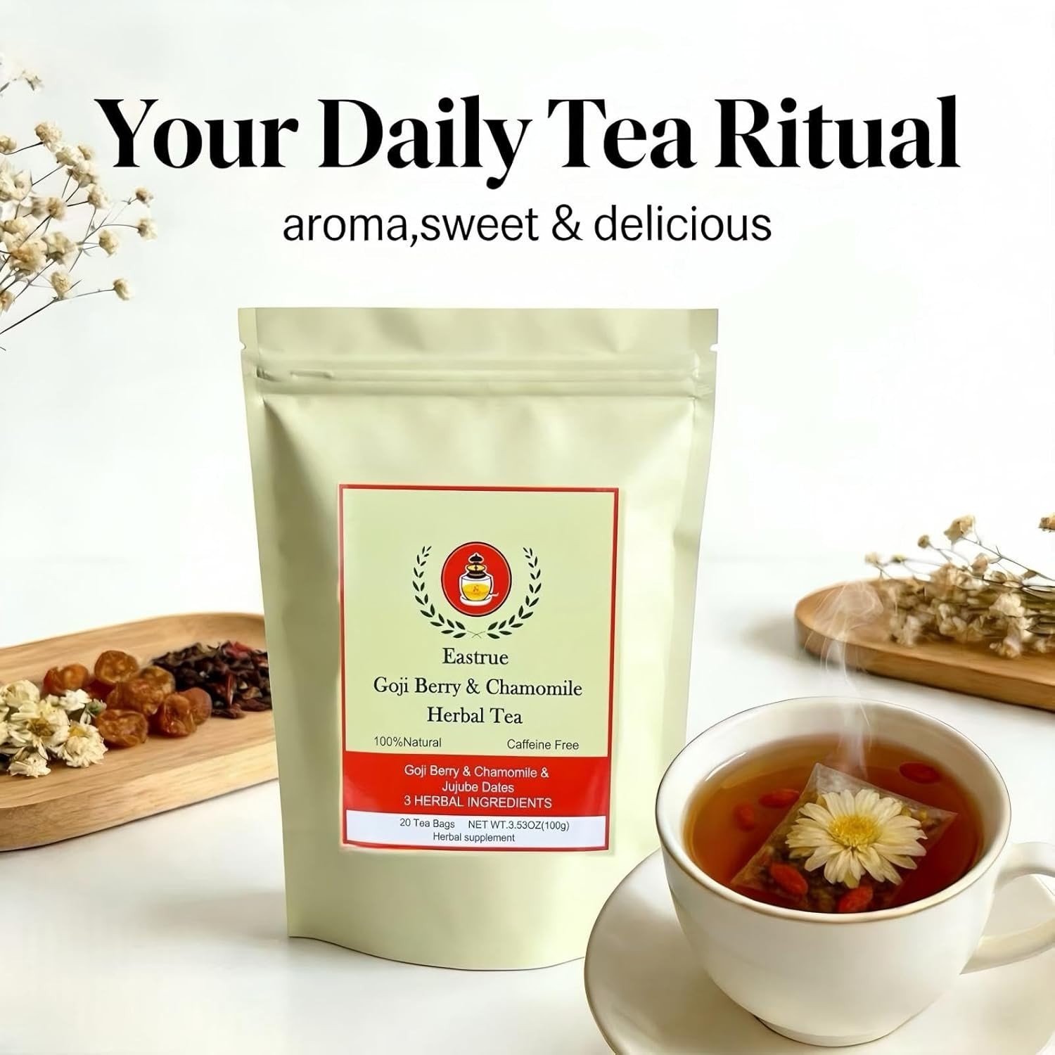 Chamomile Goji Berry Jujube Date Sleepy Time Tea, 5g x 20 Teabags Caffeine-Free
