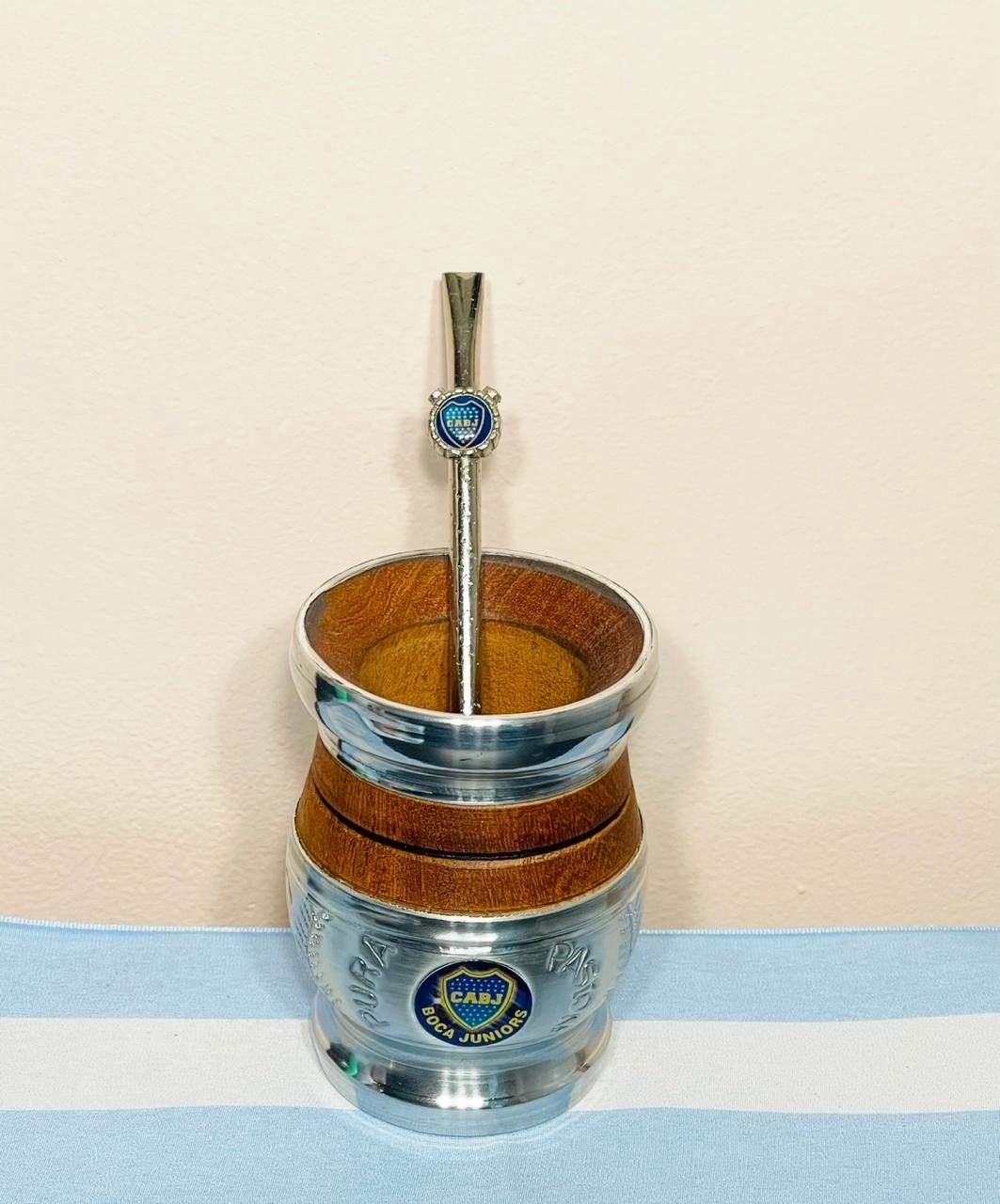 Mate cup yerba argentino – Boca Junior Cincelado + bombilla straw Boca Junior