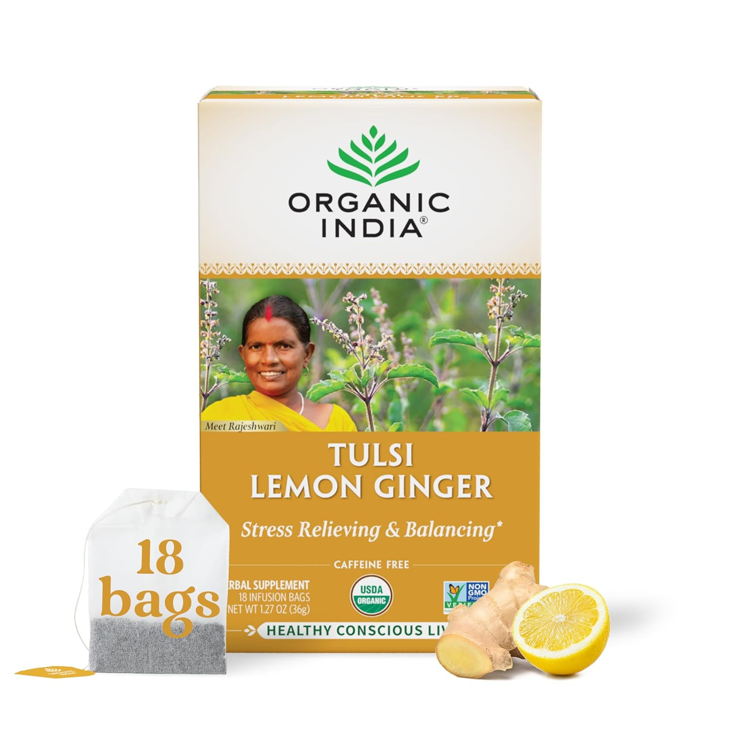 ORGANIC INDIA Tulsi Lemon Ginger Tea Bags – Herbal Tea, Stress Relieving & Reviv