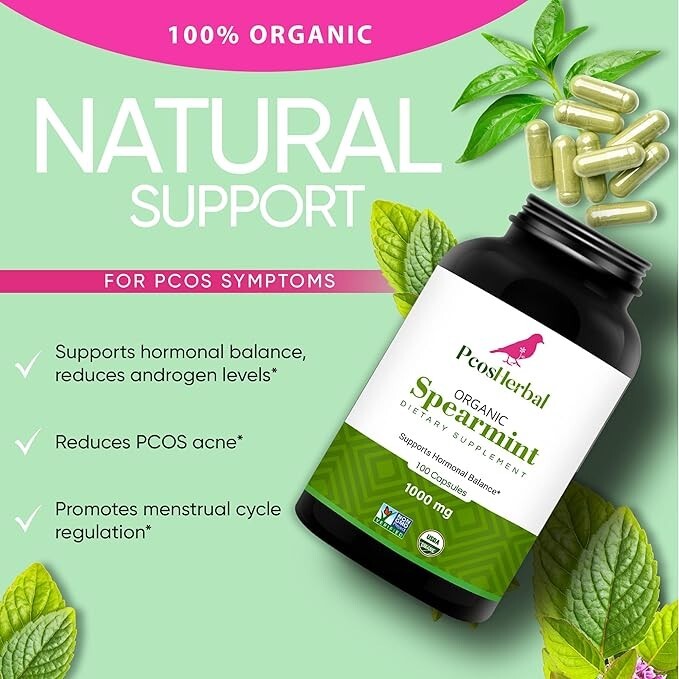 PCOS Herbal Organic Spearmint Capsules – Hormonal Balance, Clear Acne and Skin
