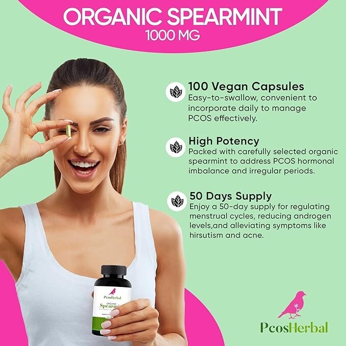 PCOS Herbal Organic Spearmint Capsules – Hormonal Balance, Clear Acne and Skin