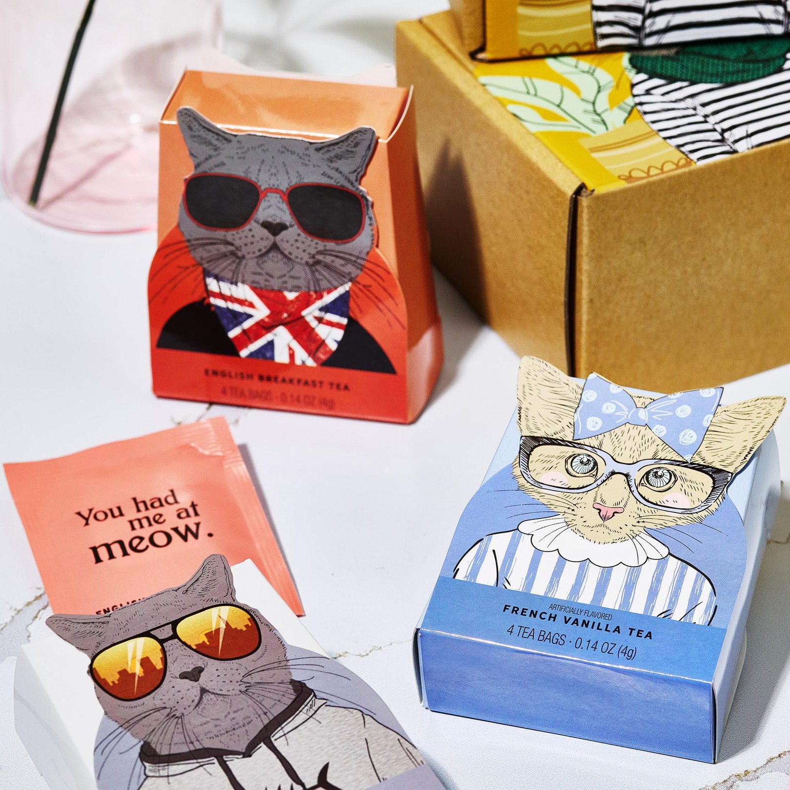24 PCS Cat Lover Tea Gift Set Gourmet 6 Flavors Art Quotes Cat Mom Dad