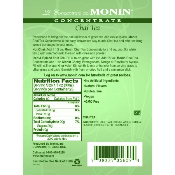 Monin Chai Tea Concentrate Syrup (750mL), H-Concentrate, Chai Tea