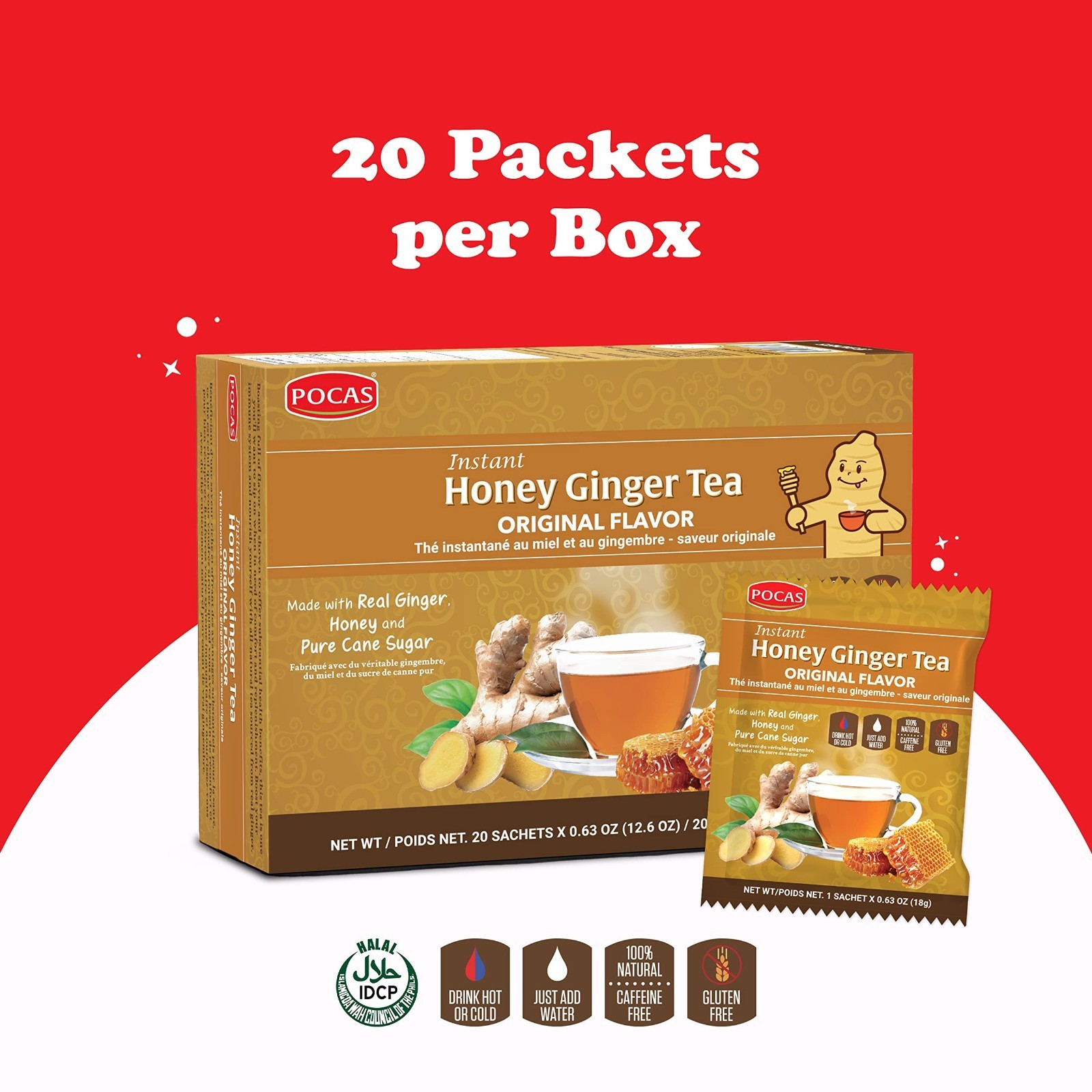 Honey Ginger Instant Tea Powder – Caffeine-Free, 2-Pack, 20 Packets, Ginger Extr
