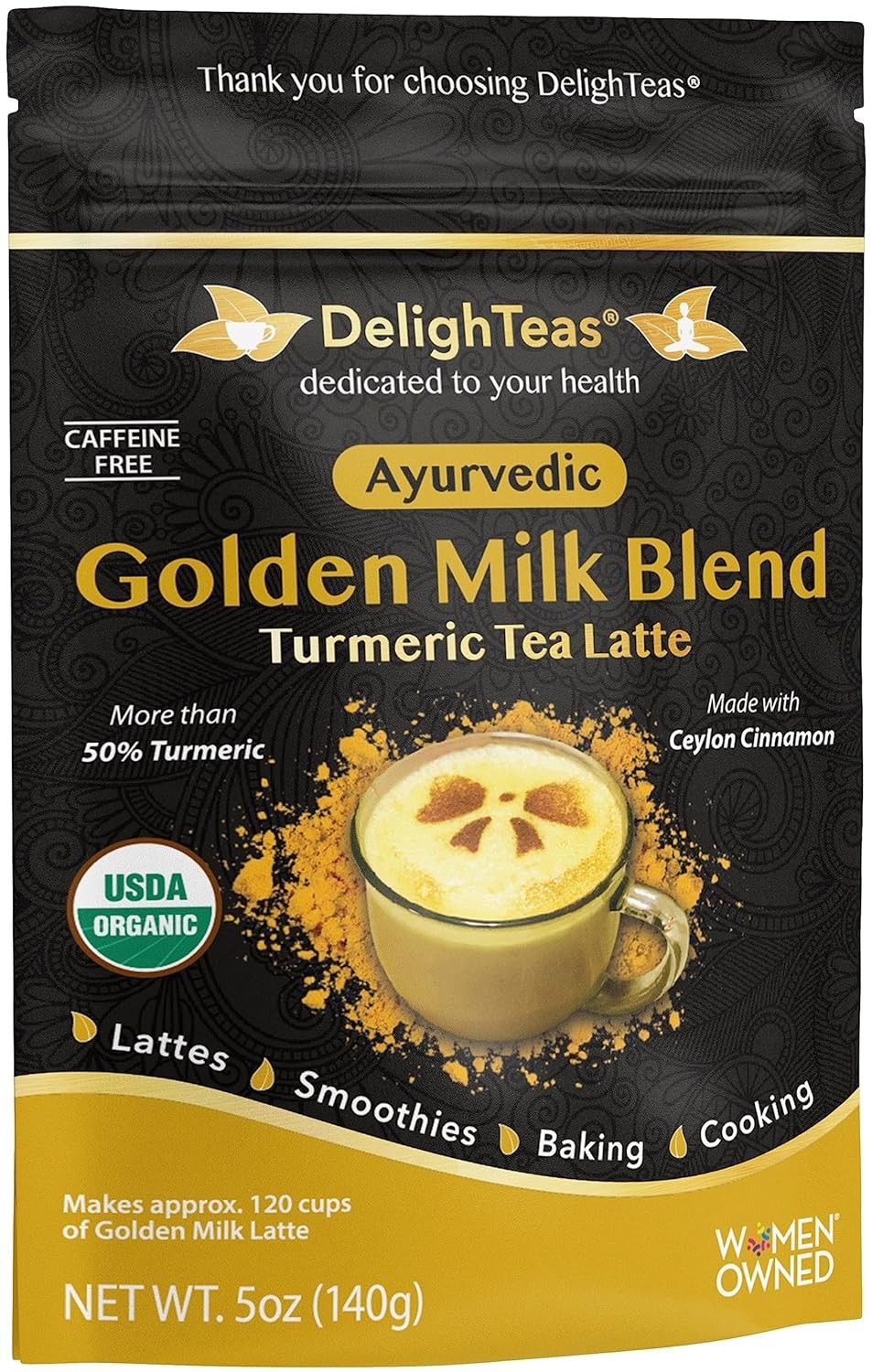 DelighTeas Organic Golden Milk Powder with Turmeric, Ginger, Ceylon Cinnamon…