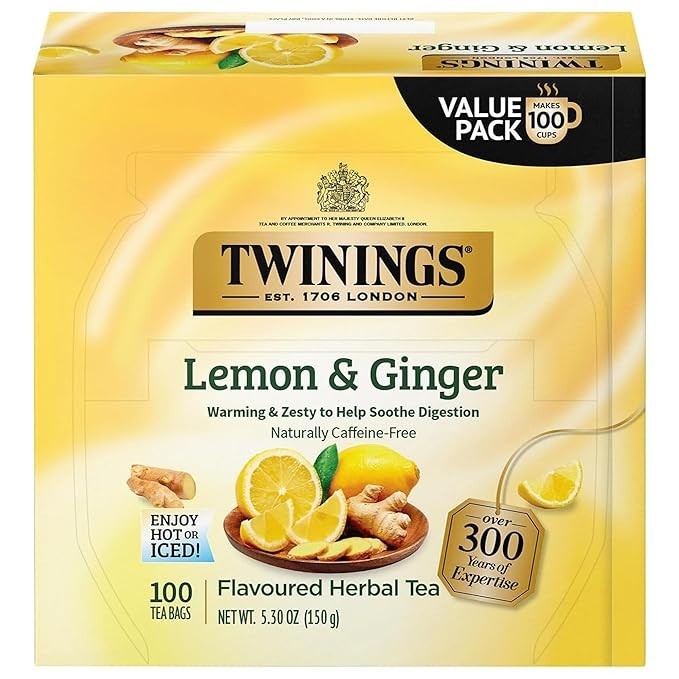 Twinings Lemon & Ginger Herbal Tea Individually Wrapped Caffeine Free 100 Bags