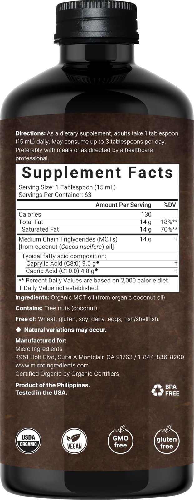 MCT Oil Organic, 32 fl oz |100% Virgin Coconut with C8 + 32 (Pack of 1)