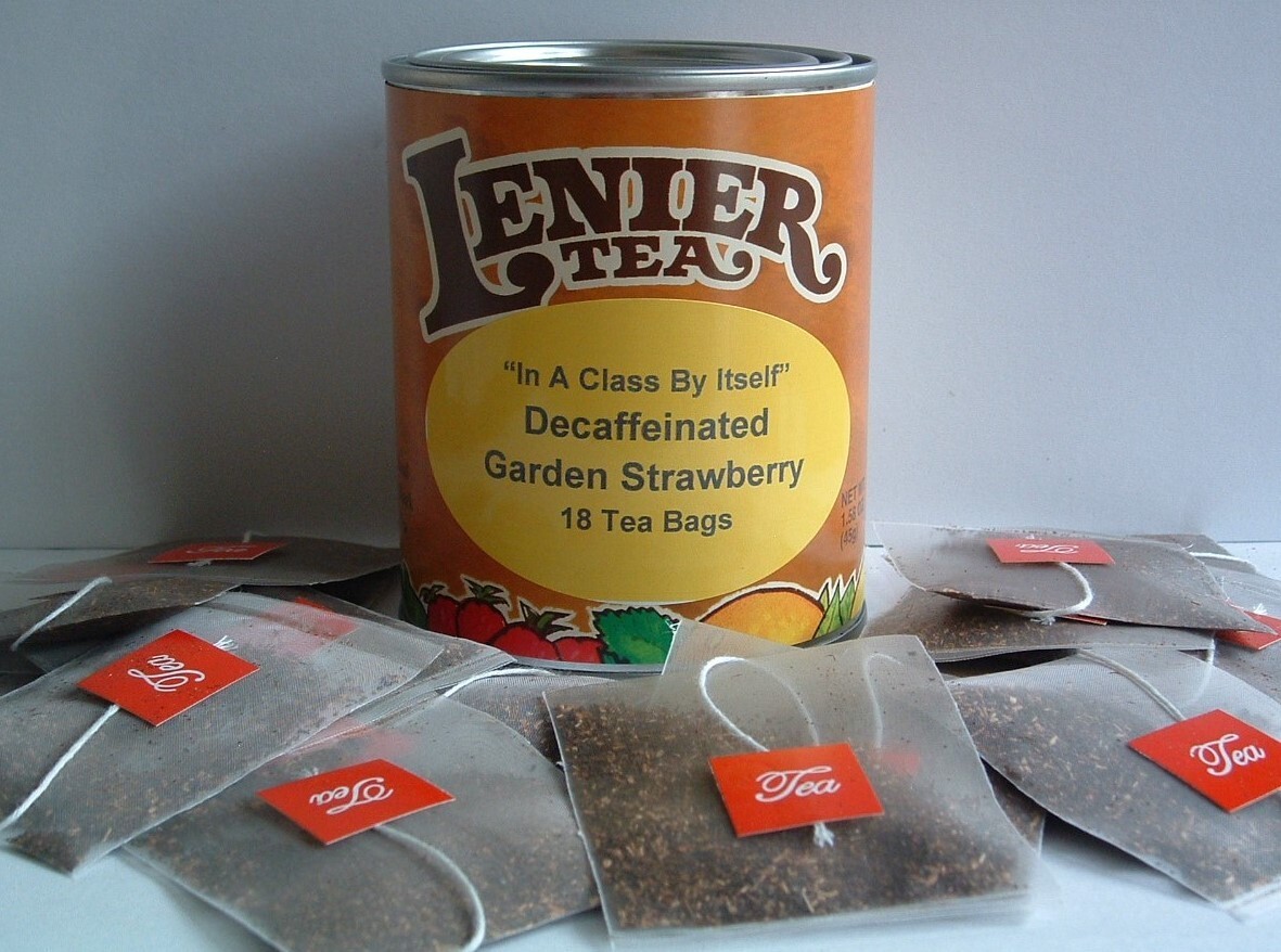 Lenier Decaf. Strawberry Biodegradable Nylon Tea Bags 18 Count Reusable Tins