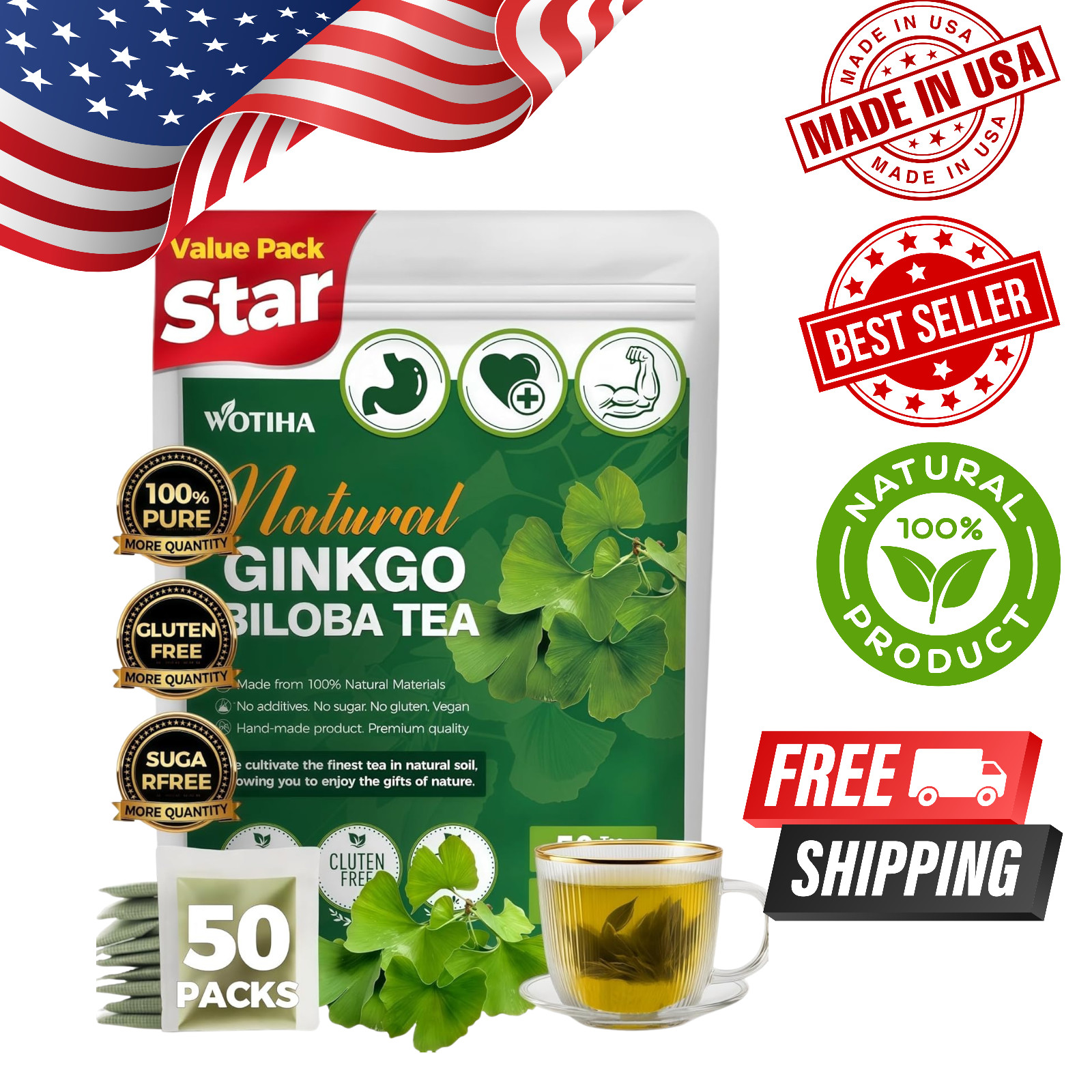Ginkgo Biloba Tea Bags Pure Herbal Brain Support Memory Focus 50 bags