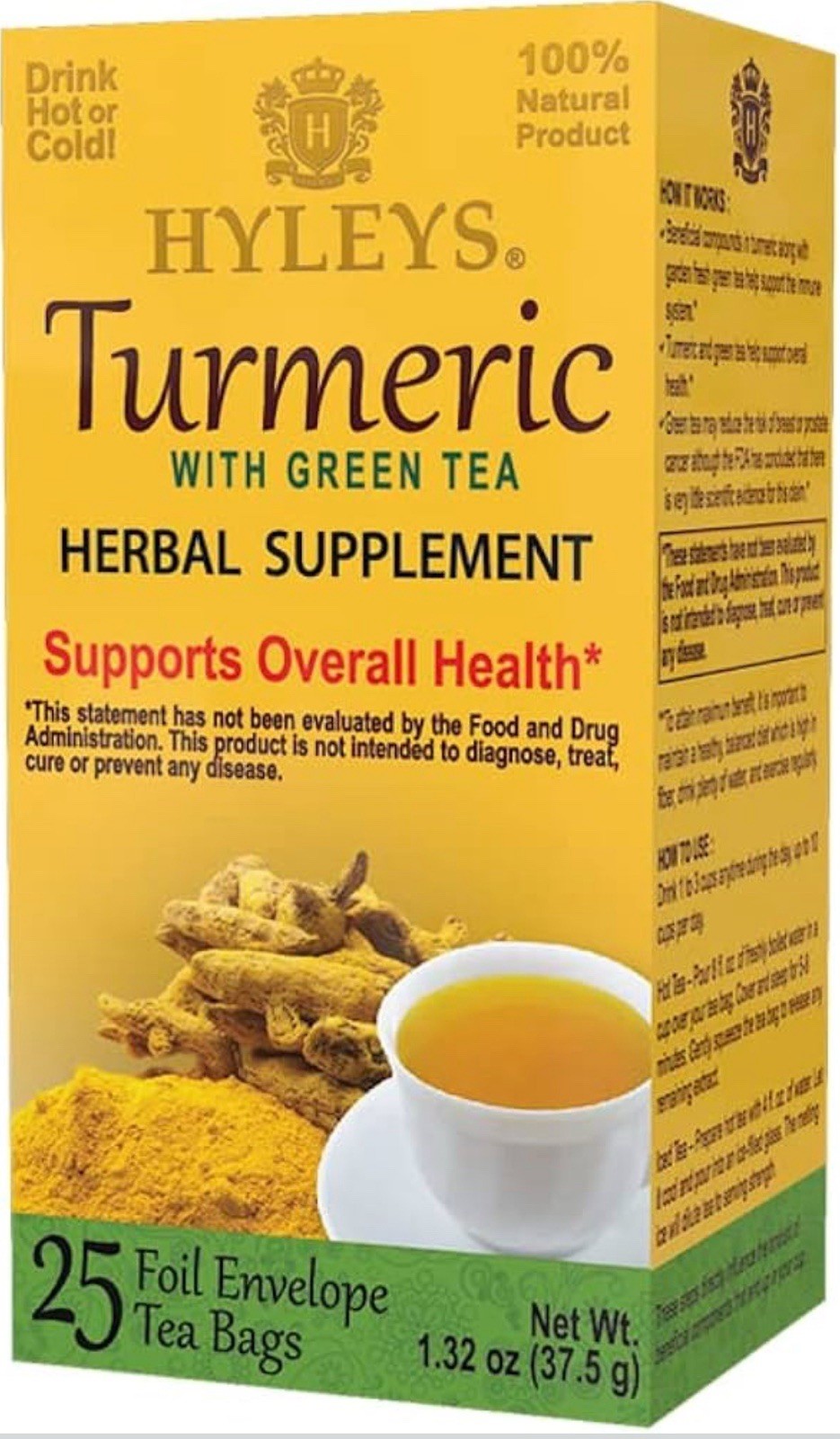 Turmeric Green Tea Herbal Supplement 25 Foil Envelopes/ Tea Bags NW 1.32oz