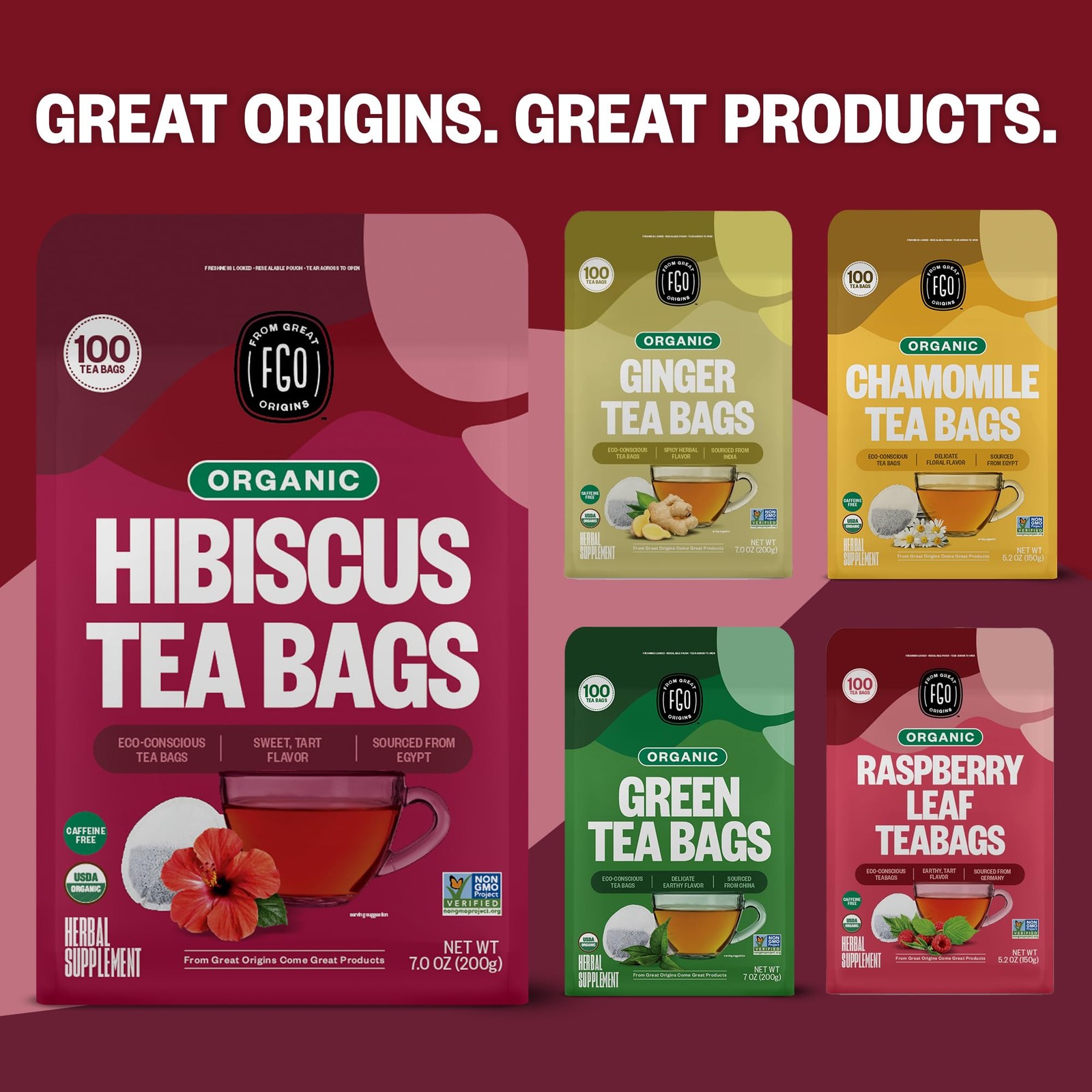 Organic Hibiscus Tea, 100 Count, Eco-Conscious Tea Bags, Caffeine Free, Packa…