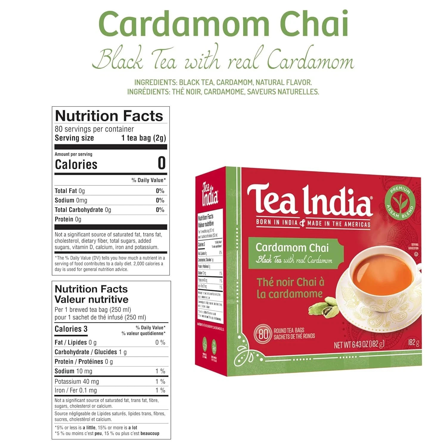 Tea India Cardamom Chai Tea Bags Black Tea , 80 Count