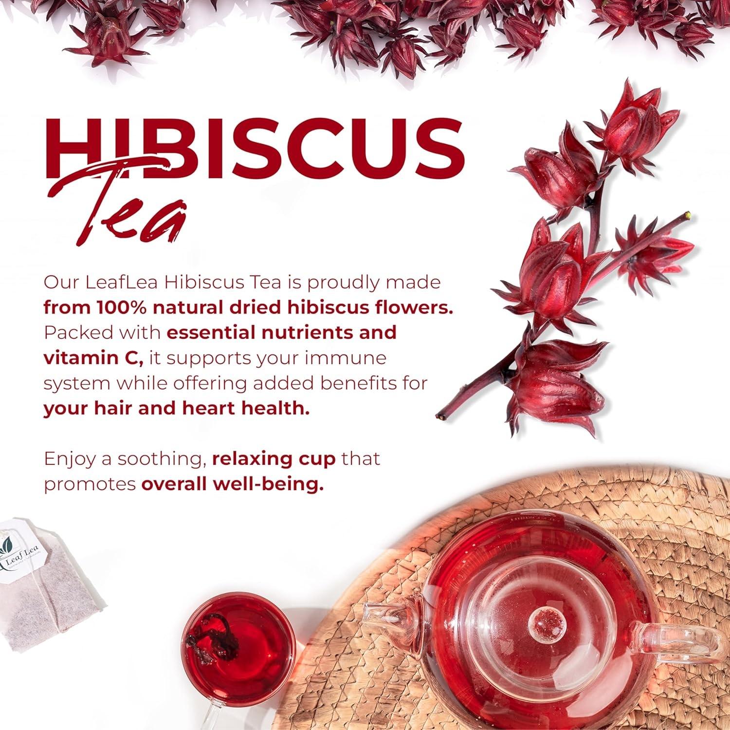 40 Premium Natural Hibiscus Tea Bags, 100% Pure from Hibiscus Flowers, Caffeine-