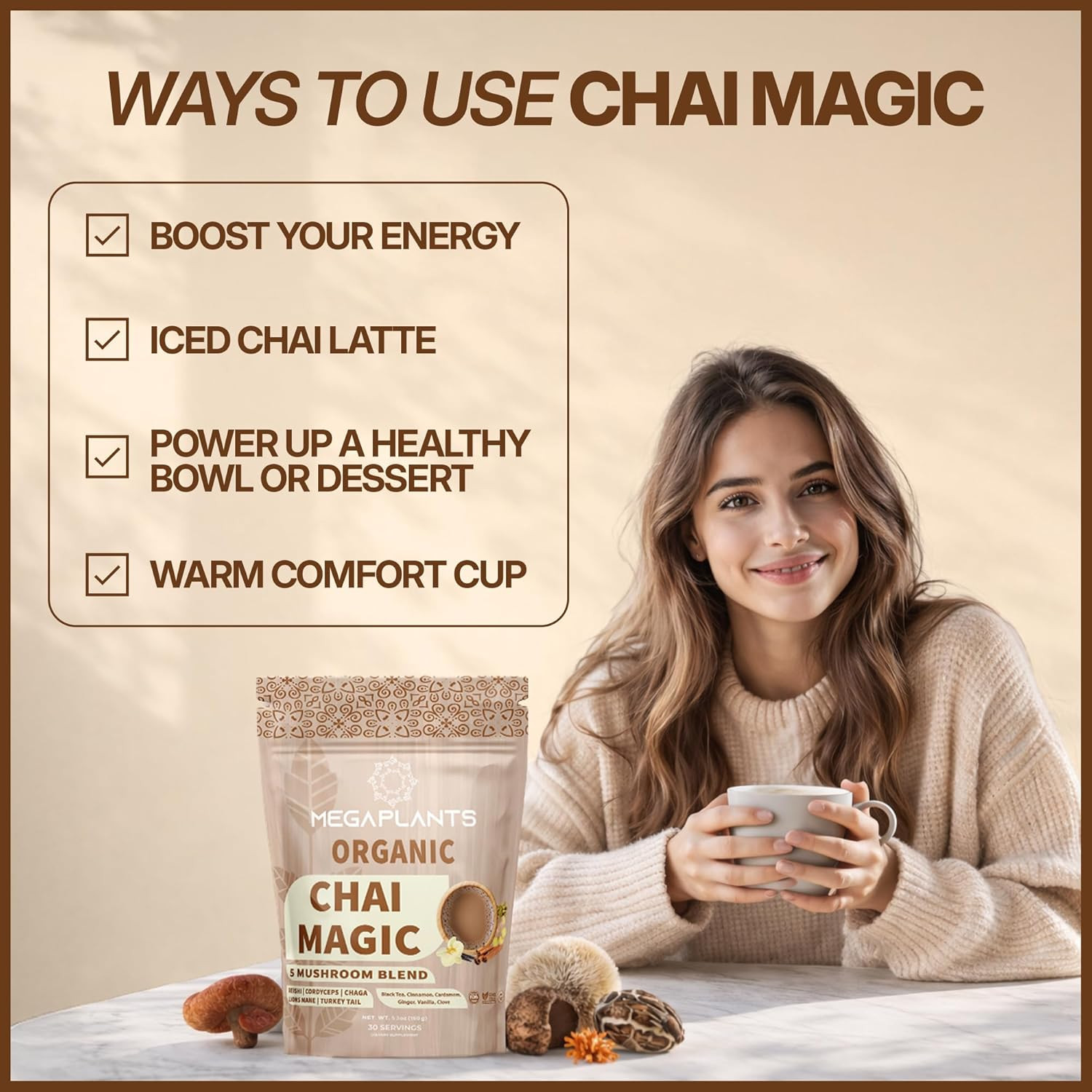Adaptogenic Mushroom Chai Tea (30 Servings) | No Crash Energy & Focus Blend with