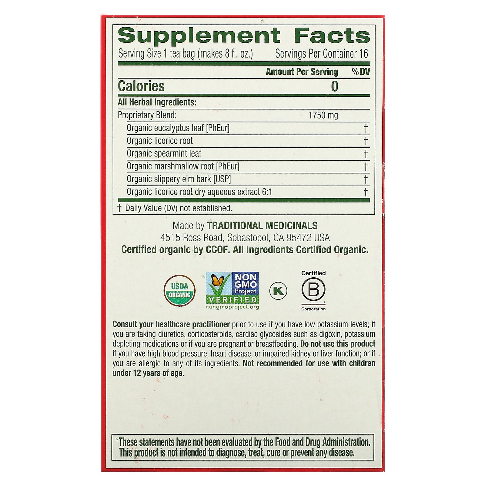 Organic Throat Coat, Eucalyptus, Caffeine Free, 16 Wrapped Tea Bags, 0.99 oz (28