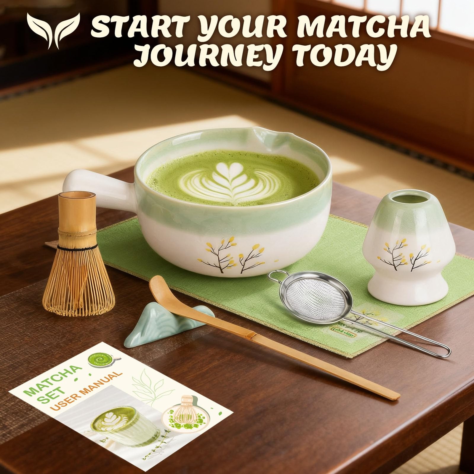 Matcha Whisk Set Handled Bowl Tea Kit Sifter Cup Gift Kitchen Decor
