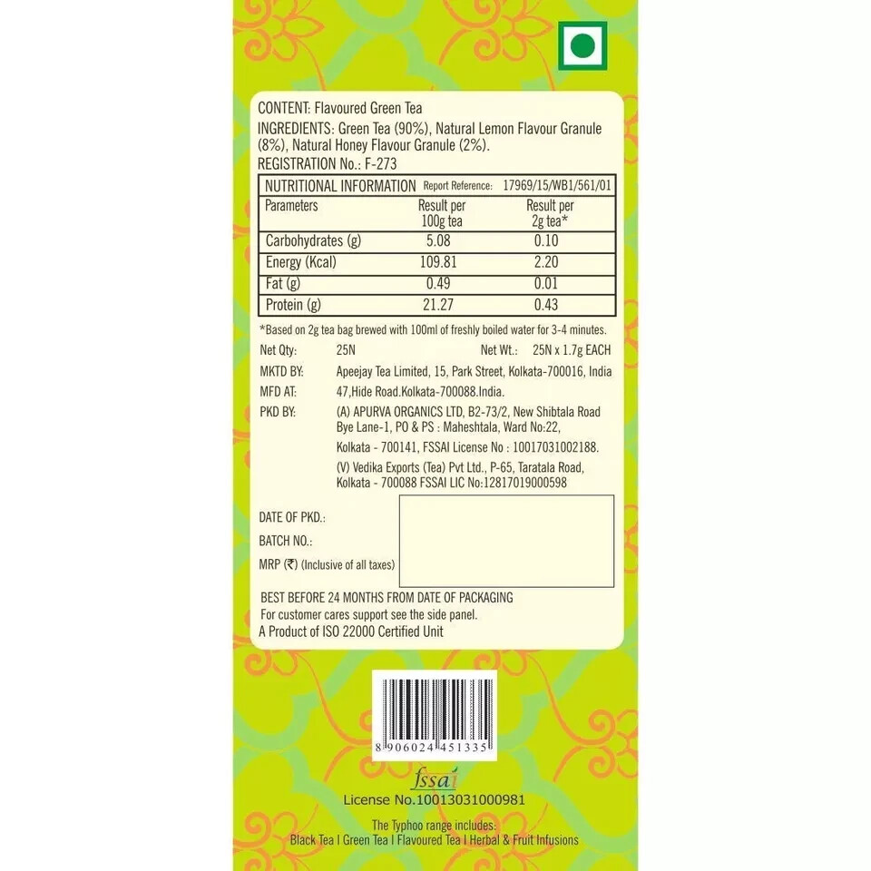 Ty-phoo Natural Green Tea Lemon and Honey with 25 Heat Sealed Enveloped Bags