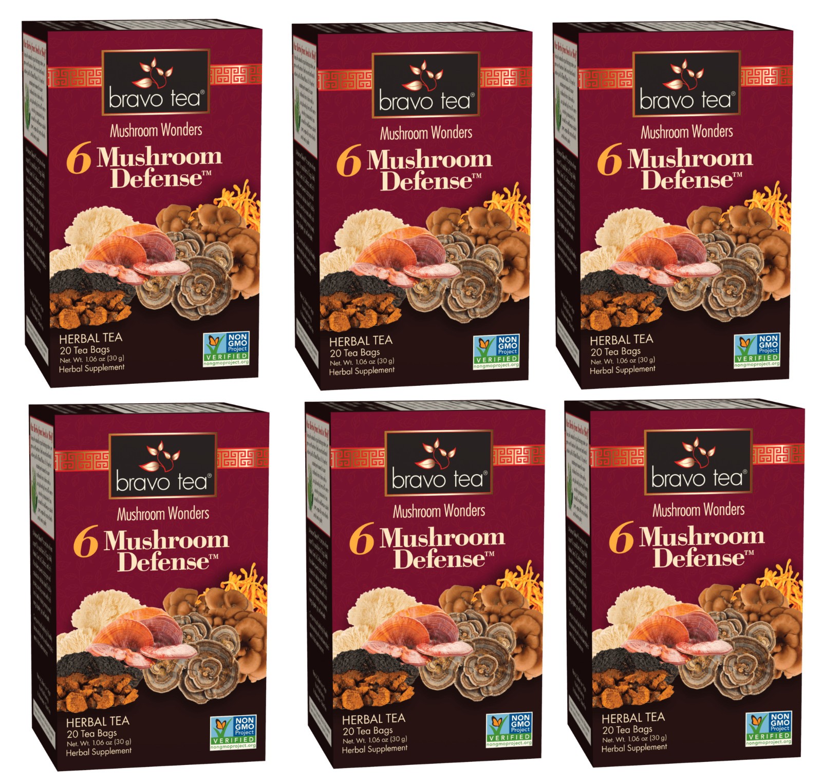 6 PACK Bravo Herbal Tea Mushroom Wonders 6 Defense Complete WELLNESS Supp NO GMO