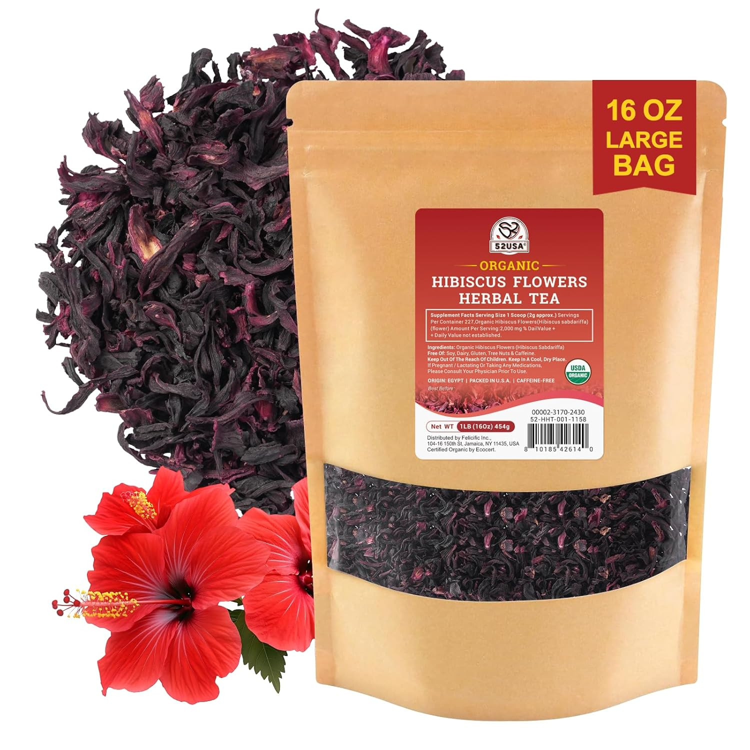 52USA Organic Hibiscus Flowers, Hibiscus Tea, 1 Lb (16Oz), Dried Hibiscus Flower