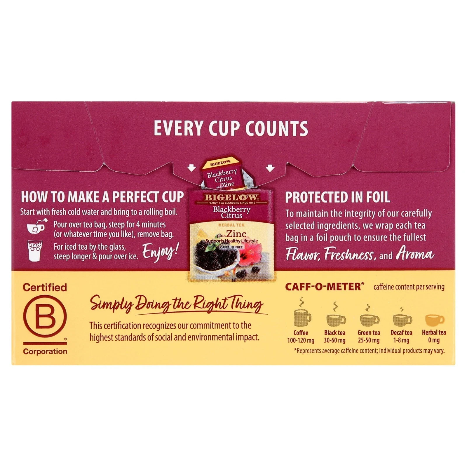 (4 pack) Bigelow Blackberry Citrus Plus Zinc, Herbal Tea Bags, 18 Count