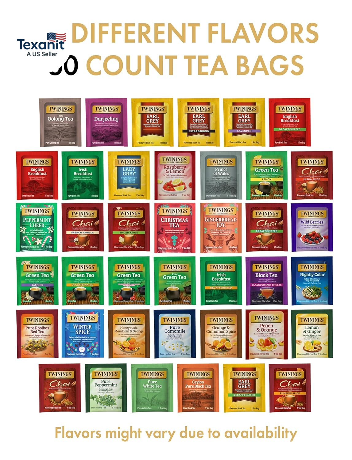 Tea Bag Sampler Variety with Walnut Wooden Organizer (60 Count) 40 Different Fla