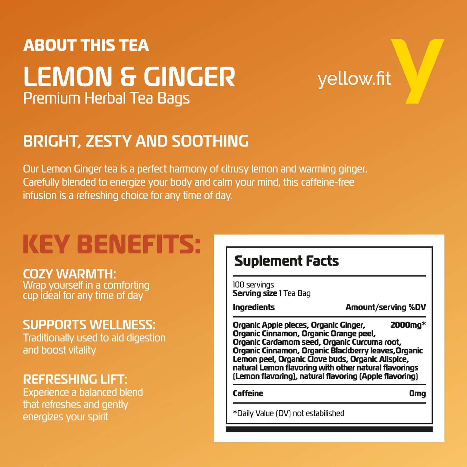 Ginger Lemon Herbal Tea Bags – 1500mg Loose Leaf Tea Bags, Caffeine-Free Herb…