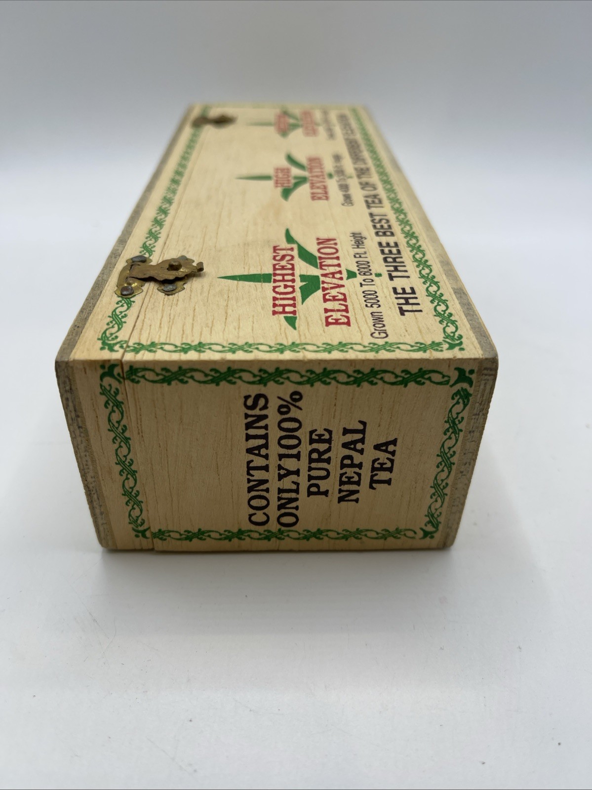 Wooden Tea Box from Niti Labeled “Three Packets 50G” from Different Elevations