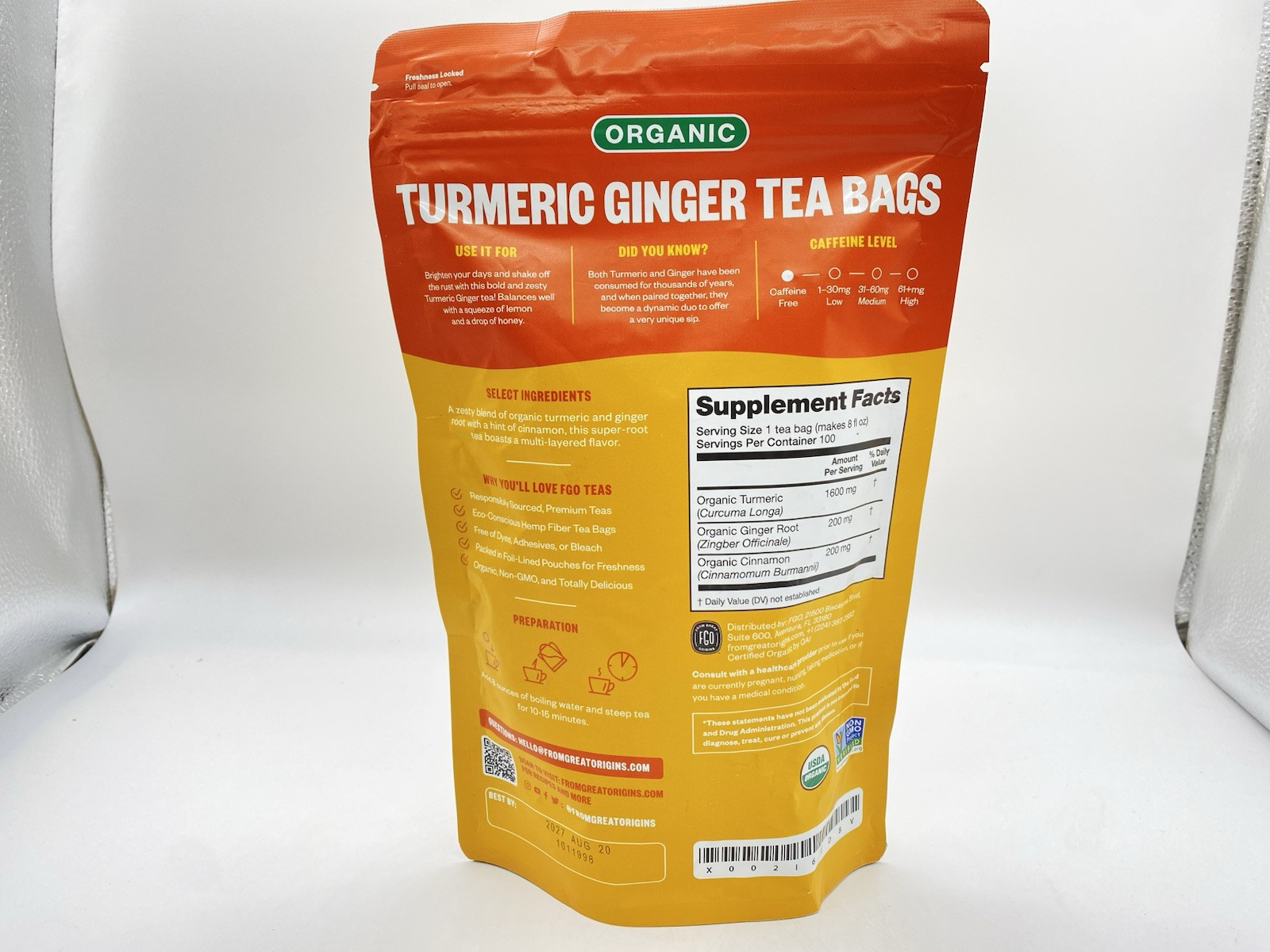 Organic Turmeric Ginger Tea – Eco-Conscious Tea Bags – 100 Count BB:08/2027