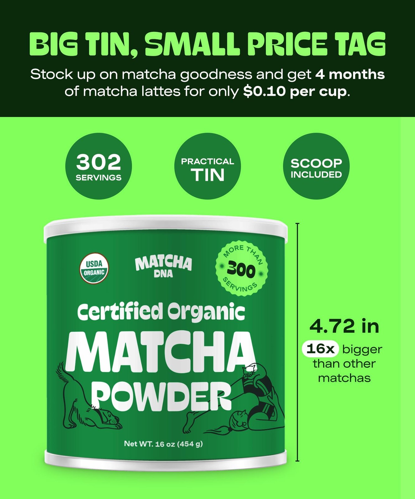 MATCHA DNA Certified Organic Matcha 16oz TIN, Green Tea Powder