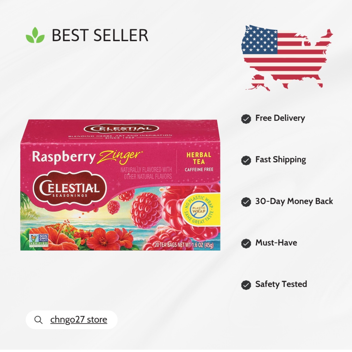 Delicious Raspberry Zinger Herbal Tea – 20 Tea Bags, Naturally Caffeine Free