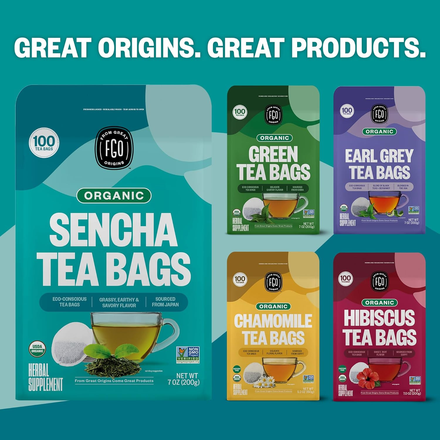 FGO Organic Sencha Green Tea Bags, Japanese Sourced, Eco Tea Bags, 100 ct