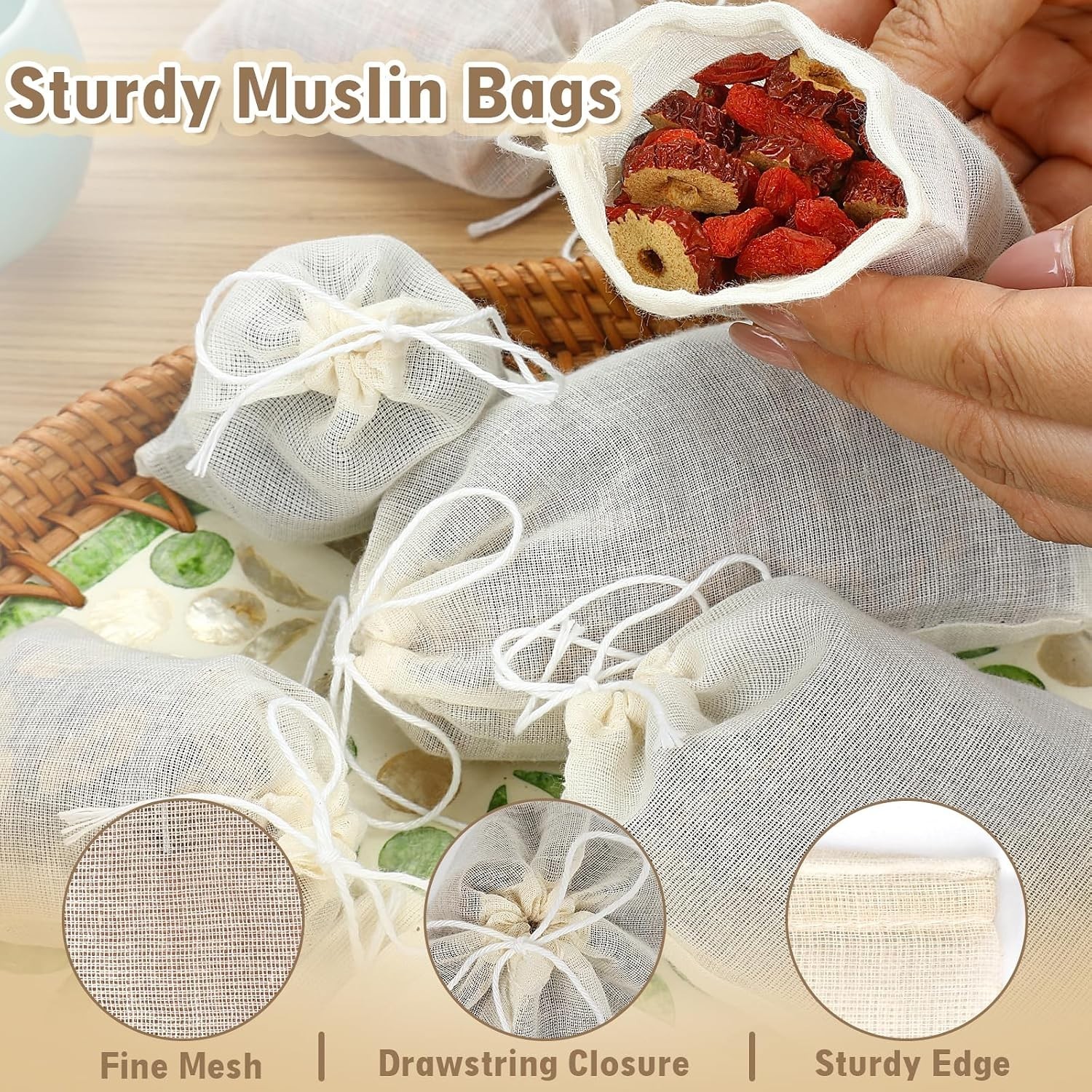 Reusable Cotton Tea Bags 30pcs Mesh Drawstring Filter Bags for Cooking Herbs